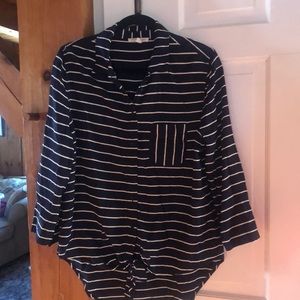 Navy blue w stripes longer in the back, ties in the front.